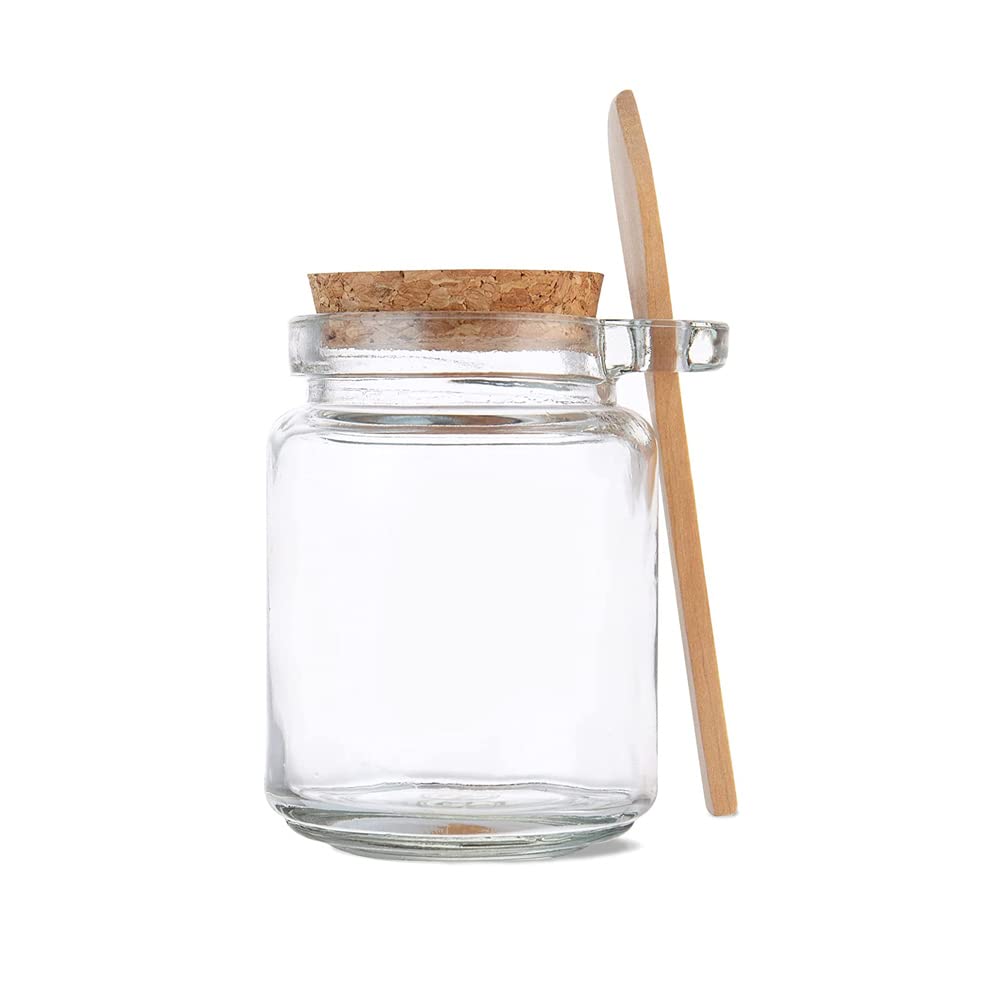 QUUPY 1PCS 250ML Glass Transparent Bath Salt Bottle with Wooden Spoon Box Cork Jars Cosmetic Powder Seasoning Sauce Honey Nuts Storage Containers