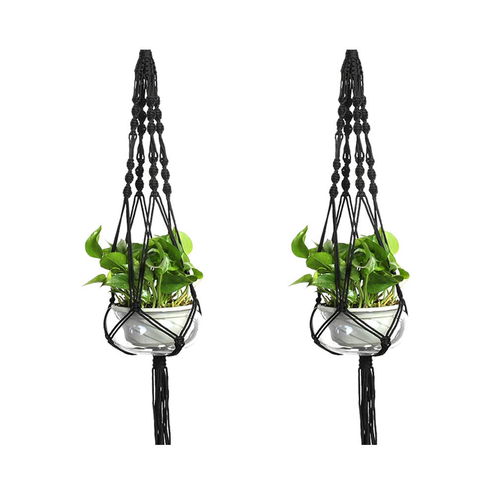 LANGUGU Set of 2 Macrame Plant Hanger Nylon Rope Wall Hanging Planter Basket for Indoor Outdoor Flower Pot Plant Holder Wall Art Vintage-Inspired Home Decor, with Metal Ring 4 Legs 39 inch (Black)