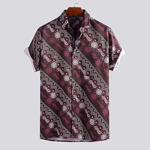 Mens Print Hawaiian Breathable Casual Short Sleeve Button Down Loose Shirts Fashion Summer Beach Tees Tops (Red, L)