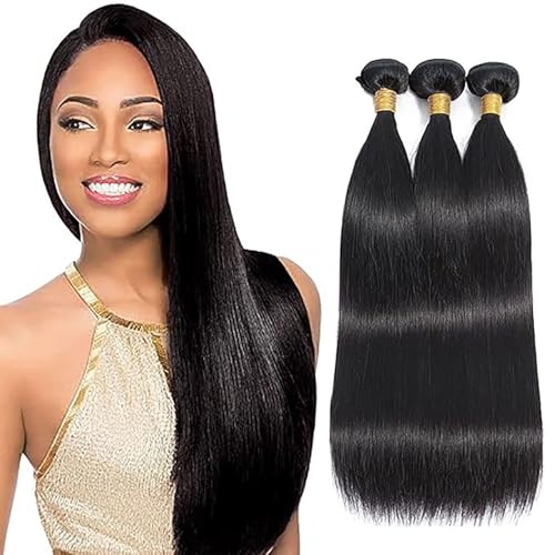Tuheerst Extensiones de cabello humano humano natural, negro, extensiones de cabello humano, extensiones de pelo humano doble trama recta 3 paquetes Remy Hair para mujer 51 cm
