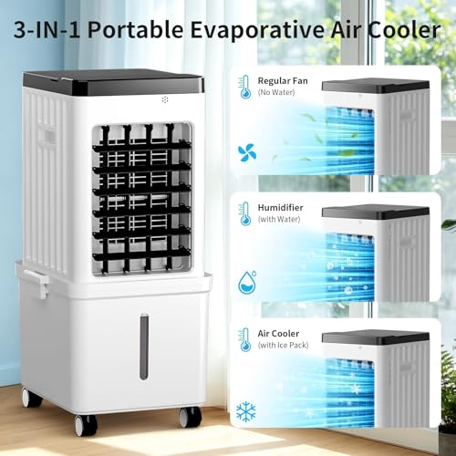 Portable Air Conditioner, Evaporative Air Cooler Fan with 10L Removable Water Tank, 3-in-1 Quiet Cooling with 4 Ice Packs & Timer, Low Noise Swamp Cooler for Home Bedroom Office