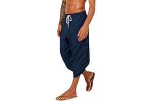 Runcati Mens Linen Harem Capri Pants Yoga Beach Drawstring 3/4 Shorts Casual Hippie Pants