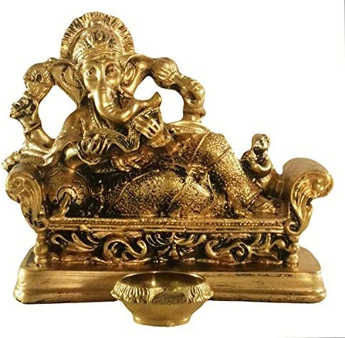 Sacred Blessings Lord Ganesha Idol Golden Antique Finish with Brass Diya and Ghee Wicks