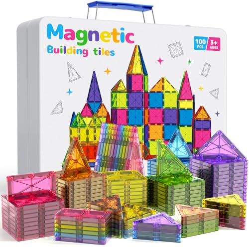 100 Teile größere Magnetische Bausteine with Metallkasten, 7,5 cm Magnetische Fliesen STEM Magnet Spielzeug für Kleinkind Montessori-Spielzeug für ab 3 4 5 6 7