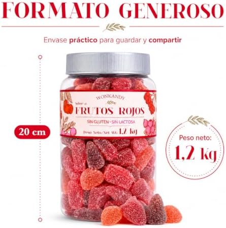 Gominolas Frutos Rojos 1,2 kg Bote Grande. Surtido de Caramelos de Goma Fresa Uva Cereza, Chuches Blandas Sin Gluten y Sin Lactosa, Ideal para Fiestas Cumpleaños Candy Bar.