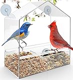 Bird Feeder - Birdhouse - Window or Hanging Bird Feeder - 2in1 functions - Clear Acrylic with Drain Holes Strong Suction Cups - Squirrel Resistant and Weatherproof Design For All Weather - Great Gift