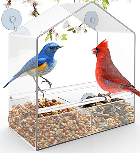 Bird Feeder - Birdhouse - Window or Hanging Bird Feeder - 2in1 functions - Clear Acrylic with Drain Holes Strong Suction Cups - Squirrel Resistant and Weatherproof Design For All Weather - Great Gift