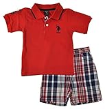 U.S. Polo Assn. Toddler Boys 2 Piece Big Pony Solid Pique Polo Shirt and Plaid Short, Red, 4T
