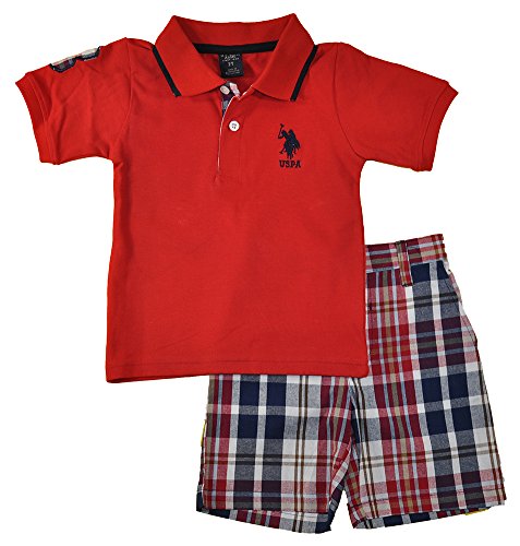 U.S. Polo Assn. Toddler Boys 2 Piece Big Pony Solid Pique Polo Shirt and Plaid Short, Red, 4T