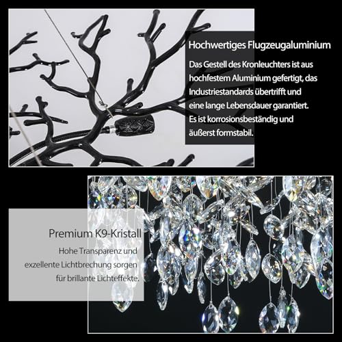 PIOUTNF Modern Crystal Chandelier, Dining Table Chandeliers, Tree Branch Chandelier Adjustable Height for Dining Room, Living Room, High Ceiling, Kitchen Island, Foyer, Black
