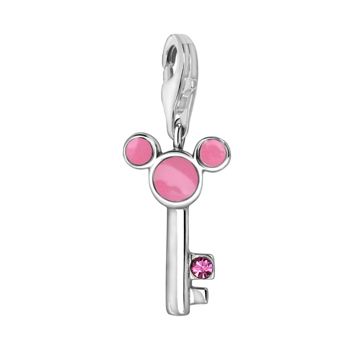 Quiges 925 Sterling Silver Pink CZ and Pink Enamel Cartoon Mouse Key Lobster Clasp Charm Clip on Pendant