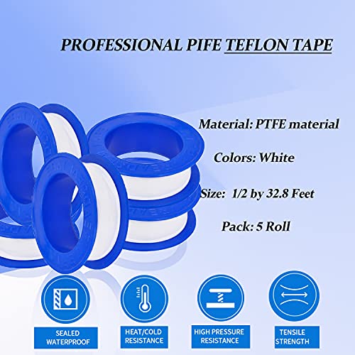 1/2 by 32.8 Feet Teflon Tape, 5 Rolls Plumbing Tape, Thread Seal Tapes