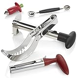 5 PC Watermelon Slicer Cutter Set w/ Pineapple Corer Peeler Slicer, Strawberry Huller Pitter, Apple Corer & Melon Baller; Best Selection Of Stainless Steel Fruit Cutters Make Perfect Cooking Gift Set!