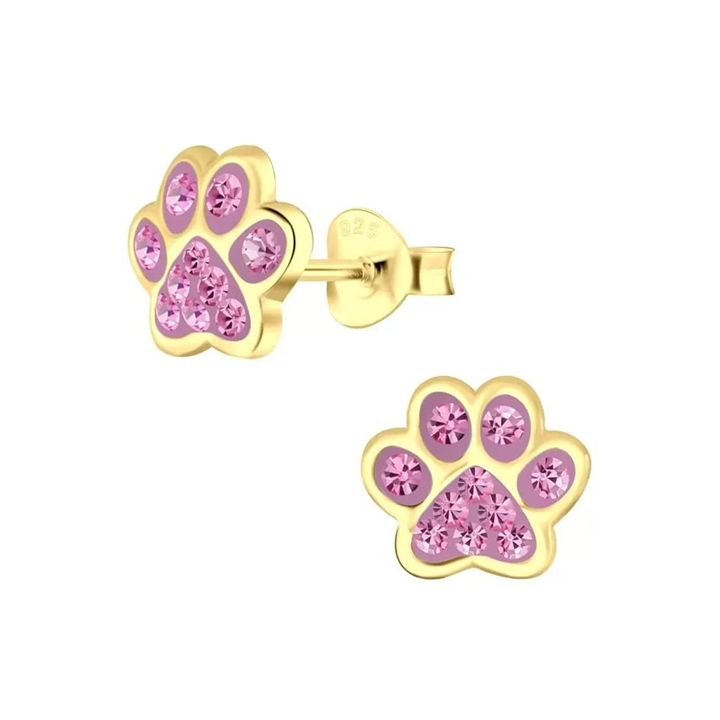 Cat Dog Paw Print Earrings with Light Pink Crystal Stones - Gold Plated - 925 Sterling Silver
