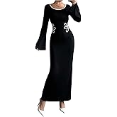 SOLY HUX Women's Maxi Dress Scoop Neck Bell Long Sleeve Contrast Binding Split Bodycon Long Dresses