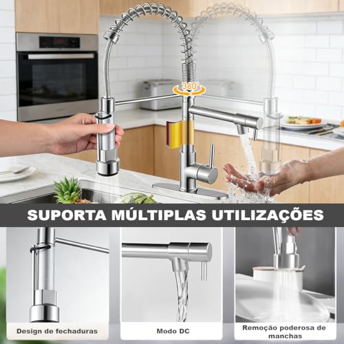 Grifo Mezclador para Fregadero de Cocina, Acero Inoxidable, Monomando con Rociador Retráctil 360°, Estilo Moderno, Negro Mate, 2 Salidas con Mangueras Incluidas
