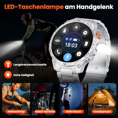 Men's Military Smartwatch with 1000 mAh Battery/2 Bracelets/1.75 Inch HD Large Display Sports Watch/110+ Sports Modes Fitness Watch/LED Torches/24/7 Heart Rate/Sleep Monitor/IP68 Waterproof for iOS
