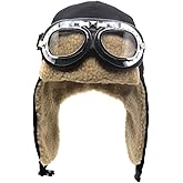 Cuhubyup Vintage Aviator Hat and Goggles Trooper Trapper Pilot Cap Fur Ear Flaps for Adult Men Women