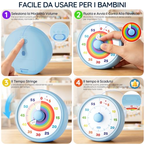 SIMQELLI Visual Timer for Kids, 60 Minutes Countdown Silent Timer with Rainbow, Time Management for Kitchen, Classroom, Study and School (Blue) | Timer Visivo Ideale per Bambini, Perfetto per Scuola, Studio, Cucina e Attività Familiari, Silenzioso Timer con Arcobaleno