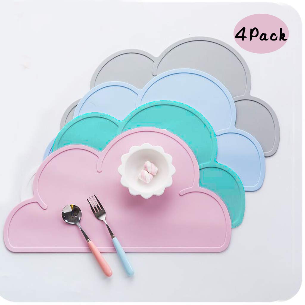 Coriver 4 PCS Placemats, Food Grade Silicone Cloud Shaped Non-Slip Foldable Portable Table Food Tray Heat Resistant Tableware Placemat Plate (Pink+Blue+Green+Grey)