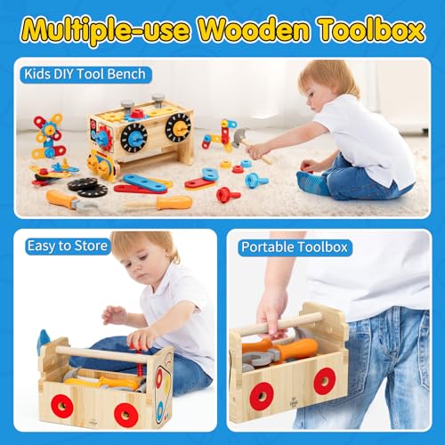 Lehoo Castle Wooden Tool Box for Children from 2 Years, Montessori Craft Toy, Workbench & Case 2-in-1, Fine Motor Skills Learning Toy for Boys and Girls 2-3 Years