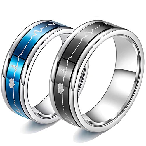 Romantic Matching Couple Rings Titanium Steel Wedding Bands Comfort Fit ECG HeartBeat Rotating Style His and Her Promise Special Gifts Blue Size 8 US