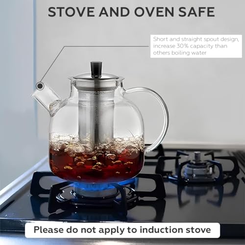 AMROAH 1500ml (50oz) Large Round Glass Teapot with Removable Stainless Steel Infuser Strainer, Borosilicate Heat Resistant Stovetop Safe Glass Tea Kettle Blooming & Loose Leaf Tea Maker