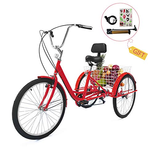 EOSAGA Adult Tricycle 7 Speed 24/26 Inch Trike Cruiser Bike Three-Wheeled Bicycle Brake System and Basket Cruiser Bicycles Size for Shopping,Recreation with Large Basket, Lock, Bike Pump