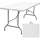 Folding Table 6ft, Heavy Duty Plastic Fold-in-Half Utility Table, White | 6 Foot Portable Table,HDPE Top,Carry Handle,Sturdy Steel Legs,Indoor Outdoor for Parties,Camping,Dining,Supports 330 lbs
