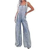 utcoco Denim Overalls for Women Casual Adjustable Straps Wide Leg Raw Hem Jeans Bib Overalls Jumpsuits
