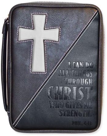Bible Cover - Medium 6.12" X 9 X 1.75 - Black Leather Look - Phil 4:13 / Cross Motif