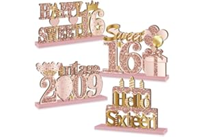 Yatufom 4 Pieces 16th Birthday Wooden Vintage 2009 Table Centerpieces Decoration for Girls, Pink Rose Gold Sweet 16 Birthday Table Sign Party Supplies, Hello 16 Old Bday Table Decor