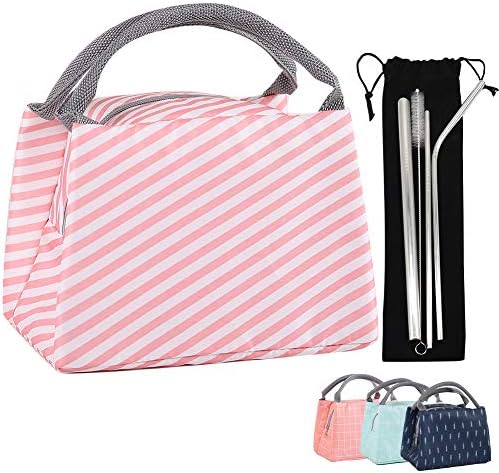 Insulated Thermal Lunch Bag, Picaru Cooler Bag Oxford Lunch Tote Reusable Waterproof Lunch Bag with Metal Straws for Women Kids,9.1ร5.9ร6.3 inches / 23ร15ร16 cm (Pink Stripe)