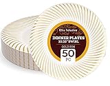 Plastic Plates Pack Of (50) Dinner Disposable Party Plates- Hard Gold Plastic Plates - Wedding Plates - Fancy Party Goods - Cream Ivory Color With Gold Swirl 10.25
