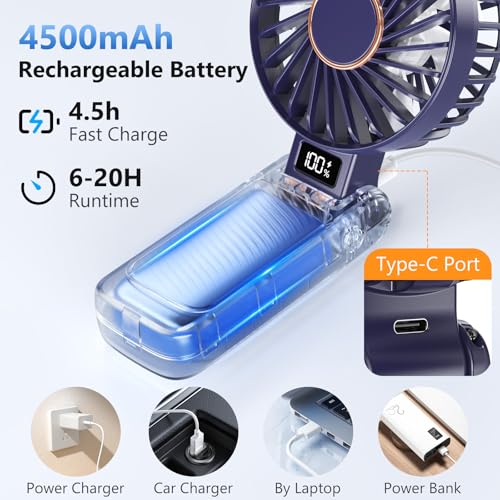 Ventilador Portátil, 4500mAh Recargable Ventilador de Mano, Hasta 20 Horas de Autonomía, 5 Velocidades, Pantalla LED, Ajustable 180° 3-en-1, Silencioso Ventilador Pequeño para Viajes, Oficina, Hogar