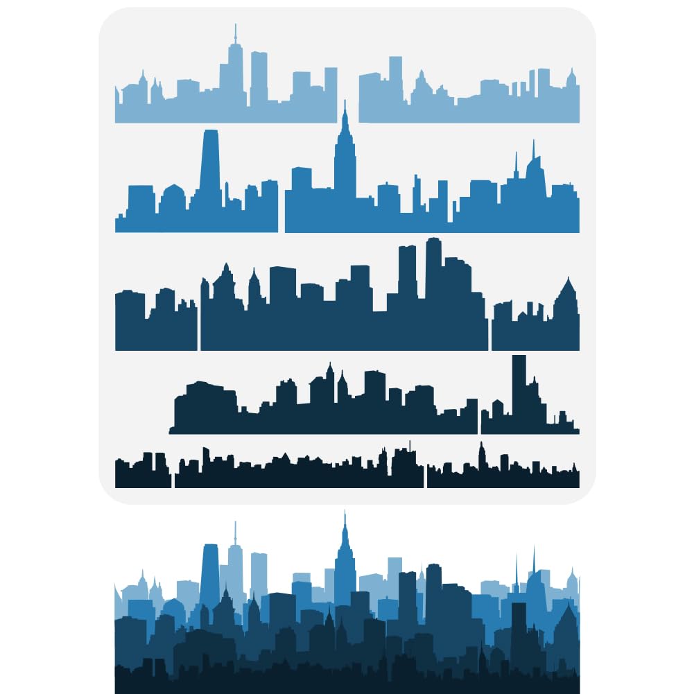 FINGERINSPIRE Layered City Silhouette Stencil - 30x30cm Plastic Buildings Scape Patterns Reusable DIY Art and Craft Stencils for Home Wall Decor