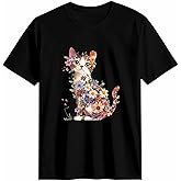 Graphic T Shirts for Women, Abstract Cat Wildflowers Cotton Tees Short Sleeve Crewneck Summer Gym Casual Tops