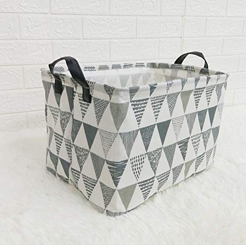 TIBAOLOVER Square Natural Linen & Cotton Fabric Storage Bin Handles organizing Kids Toy/Playroom Organization/Toy Bin/Closet/Shelf Baskets/Baby Hamper (Triangle Pattern-Grey)