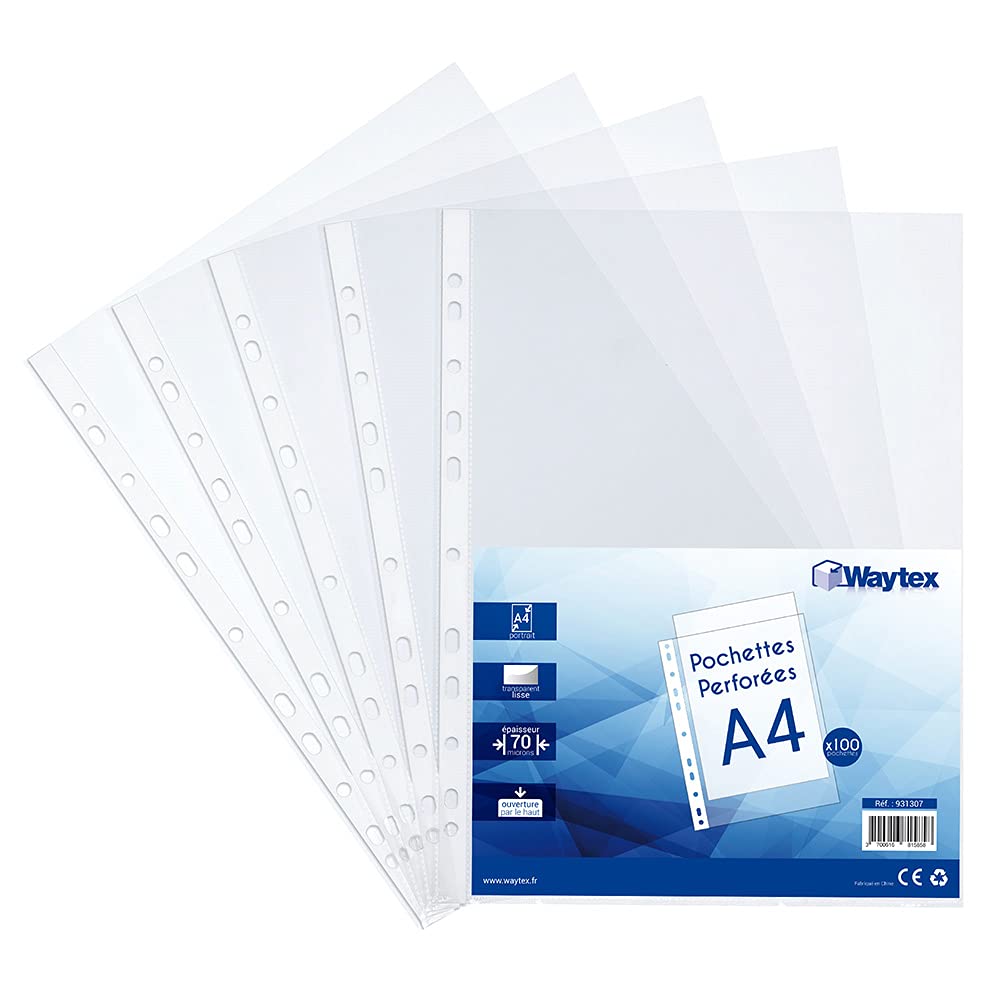 Waytex 931307 A4 Smooth Clear Punched Pockets 70 Microns - Pack of 100