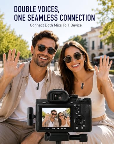 GLOBAL TECH Wireless Lavalier Microphones for iPhone/Android Phones/iPad/Tablets – 2 Pack Mini Wireless Clip-on Microphones Lapel Mic for Video Recording, Podcast, Vlogging, Youtube, Live Streaming