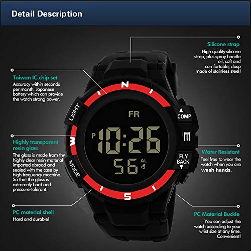 Sport Watch, 50M Waterproof Watch, Sport Wrist Watch for Men Women Kids, Digital Watch with Alarm Date and Time (Red)