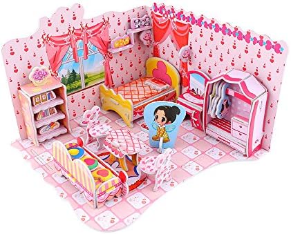 Goldflower 3D Sweet Bedroom Jigsaw Puzzle for Kids Pink Paper DIY 3D Dollhouse Miniature Paper Furniture Kit