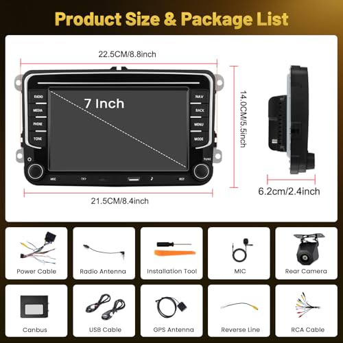 Roinvou 4+64G Radio Coche para VW Beetle Passat Jetta Sharan CC Tiguana Caddy Carplay Inalámbrico Android Auto, Android Pantalla Radio Coche 7'' MirrorLink Bluetooth WiFi GPS 32EQ RDS/FM SWC Cámara