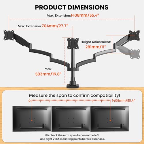 PUTORSEN Monitor Mount 3 Monitors for 17-32 Inch Screens, 10 kg per Arm, Adjustable Monitor Mount 3 Monitors with Heavy Duty Clamp and Feed-Through Mount, VESA 75/100 mm