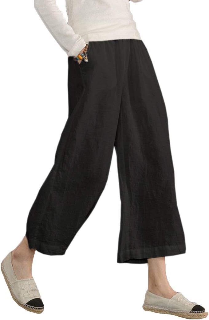 Womens Plus Size Capri Pants Elastic Waist Cotton Relaxed Loose Casual Cropped Trousers