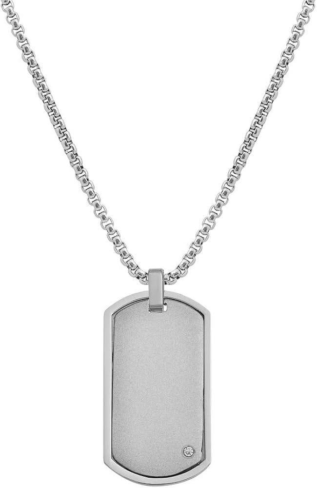 Geoffrey Beene Men's Stainless Steel Engraveable Dog Tag Pendant Box Chain Necklace with Cubic Zirconia Stone (Silver) | 