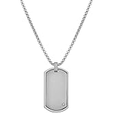 Geoffrey Beene Stainless Steel Men's Engravable Dog Tag Pendant Box Chain Necklace with Cubic Zirconia Stone