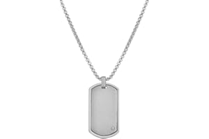 Geoffrey Beene Stainless Steel Men's Engravable Dog Tag Pendant Box Chain Necklace with Cubic Zirconia Stone