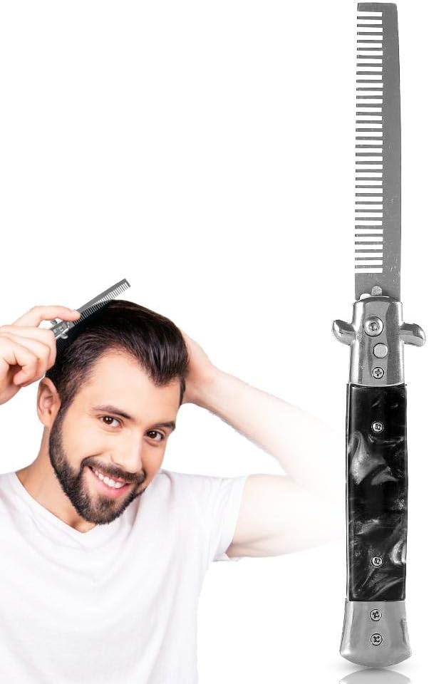 Folding Pocket Comb, Spring Folding Push Button Pocket Comb for Hairdressing Salon, Beard Care and Hair (Black)