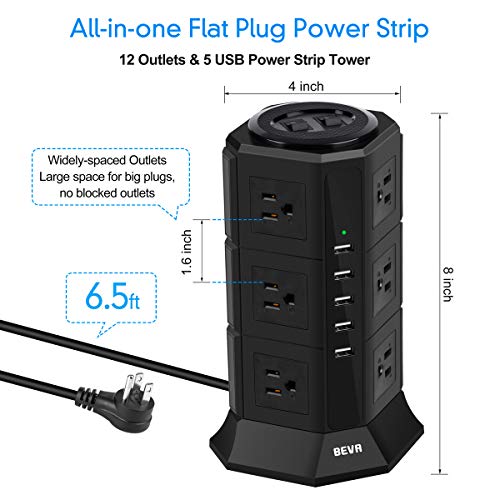 Power Strip Tower - BEVA 12 AC Outlets 5 USB Ports Charging Station 1875W/15A, 1050 Joules Multi Protection with 6ft Heavy Duty Long Extension Cord for Home Office, ETL Listed
